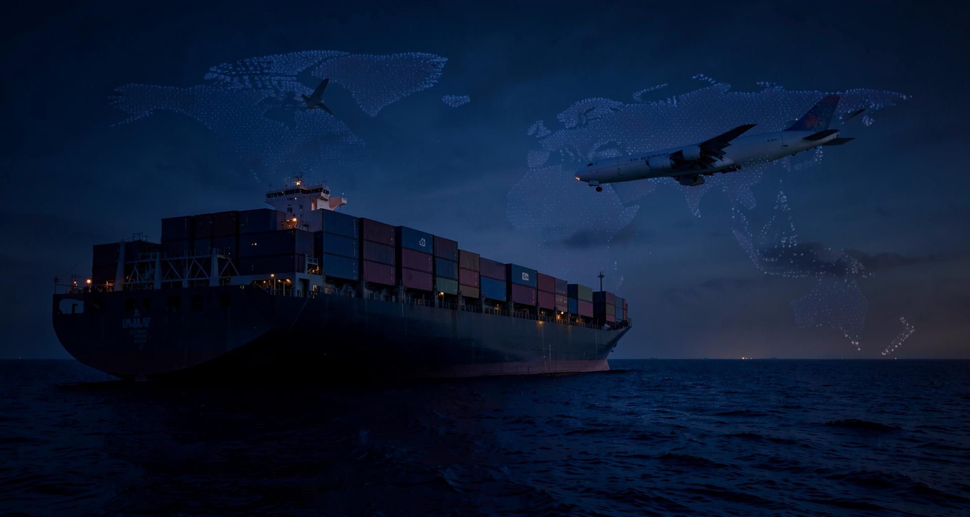 International cargo port at dusk